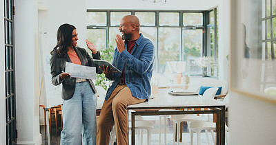 Buy stock photo Creative people, documents and tablet with high five in office for internship or project management. App, celebration or paperwork with man, woman and mentor in workplace for conversation or update