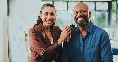 Buy stock photo Portrait, happy team and business people in office for cooperation, laugh and finance company. Mature woman, man and smile with collaboration, about us and partnership of funny investment analysts