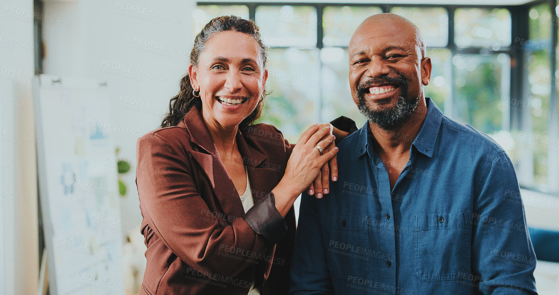 Buy stock photo Portrait, happy team and business people in office for cooperation, laugh and finance company. Mature woman, man and smile with collaboration, about us and partnership of funny investment analysts