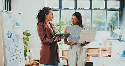Buy stock photo Conversation, tech and women in office, planning and feedback for audit. Investor, collaboration or employees in meeting, discussion or cooperation with profit review, online reading and analysis