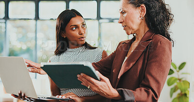 Buy stock photo Creative women, discussion and tech for designer agency in office for internship or project management. App, meeting and teamwork with woman, mentor and coaching for training conversation or update