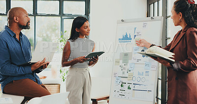 Buy stock photo Discussion, planning and business people in office, finance proposal and charts for revenue. Investor, coworking and group in meeting, talking and cooperation with profit review and graphs for audit