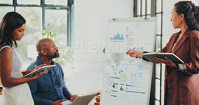 Buy stock photo Charts, talking and business people in office, economy analysis and feedback for revenue. Investor, collaboration or employees in meeting, discussion and teamwork with profit review or finance report