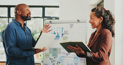 Buy stock photo Creative people, notebook and laptop with designer agency in office for internship or project management. App, meeting or paperwork with man, woman and mentor in workplace for conversation or update