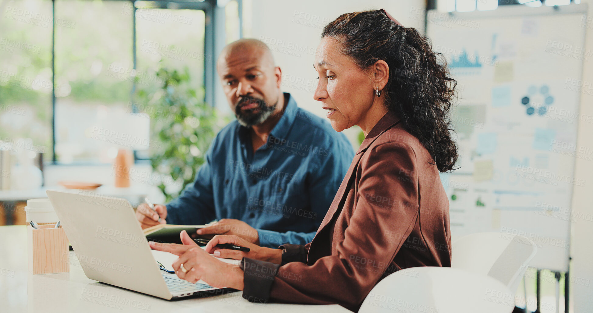 Buy stock photo Finance, discussion or people in office with laptop, partnership or brainstorming for revenue growth. Collaboration, mature or sales analyst with tech, budget plan or feedback in performance analysis