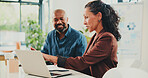 Finance, discussion or team in office with laptop, partnership or brainstorming for revenue growth. Collaboration, ideas or sales analyst with tech, budget plan or feedback in performance analysis.