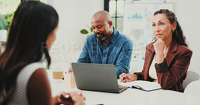 Buy stock photo Job interview, HR and listening to applicant, office and notes for recruitment process or evaluation. Business, vacancy and people with laptop for onboarding, meeting and discussion with candidate