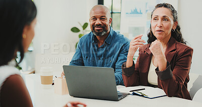 Buy stock photo Job interview, HR and talking to applicant, office and notes for recruitment process and evaluation. Business, vacancy and people with laptop for onboarding, meeting and discussion with candidate