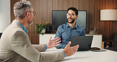 Buy stock photo Meeting, laptop and business men in office with teamwork for stock market with finance report. Discussion, computer and male financial analyst with investor for investment proposal in workplace.