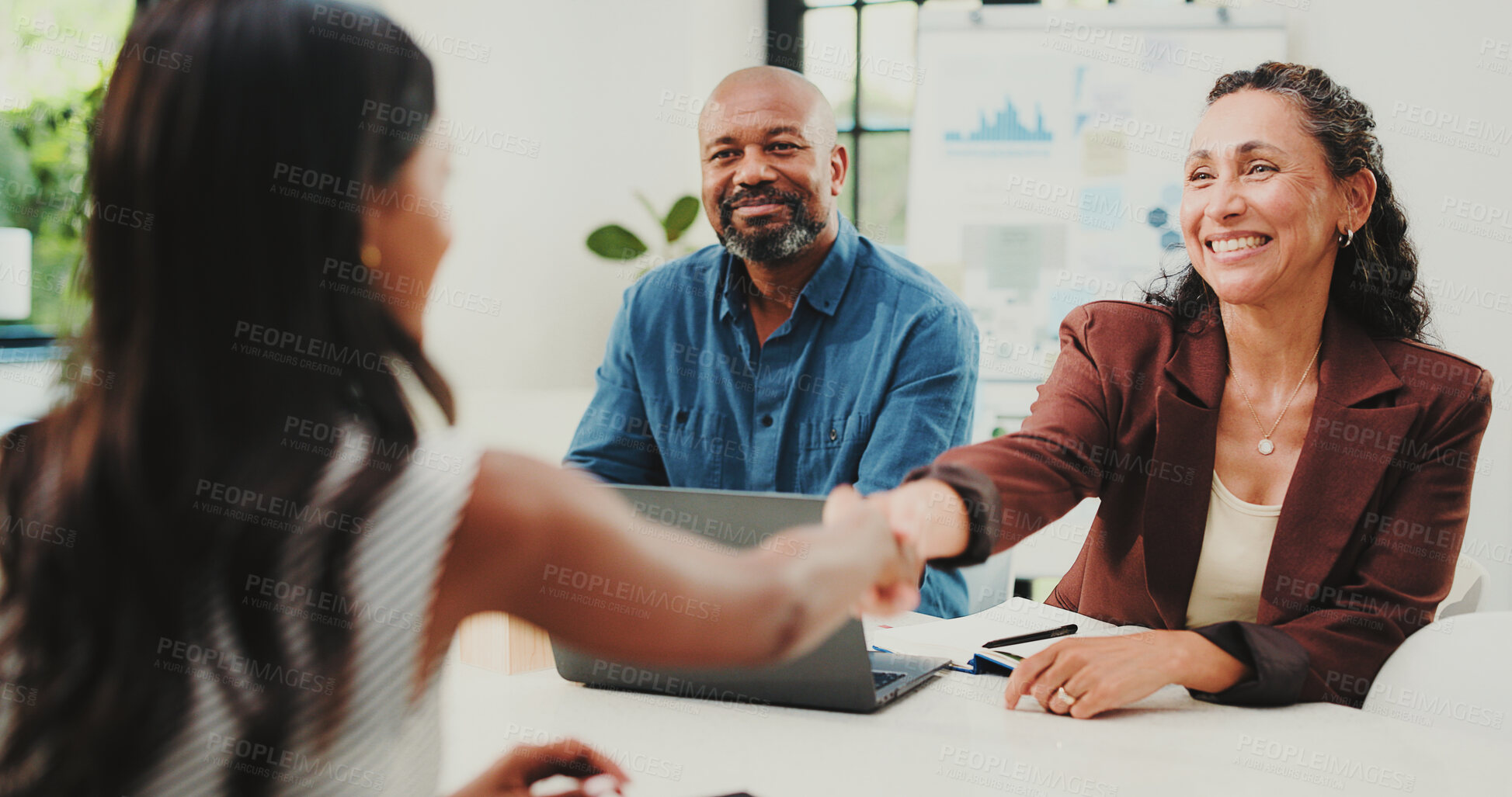 Buy stock photo Interview, introduction or people in office with handshake,  congratulations or meeting in onboarding process. Happy, success or hr with shaking hand, candidate or offer for career opportunity.