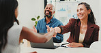Interview, introduction or people in agency with handshake,  congratulations or meeting for onboarding. Happy, success or hr in office with shaking hand, candidate or offer for career opportunity.