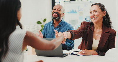 Buy stock photo Interview, introduction or people in agency with handshake,  congratulations or meeting for onboarding. Happy, success or hr in office with shaking hand, candidate or offer for career opportunity.
