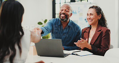 Buy stock photo Interview, deal or people in agency with handshake,  congratulations or meeting in onboarding process. Happy, success or hr in office with shaking hand, candidate or offer for career opportunity.