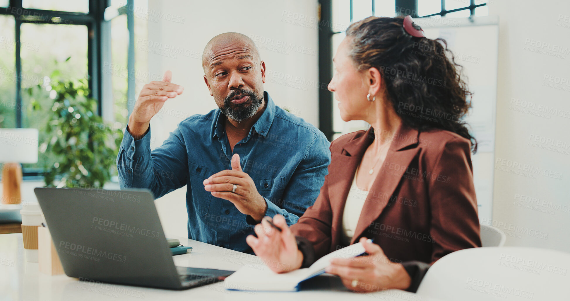 Buy stock photo Discussion, feedback or team in office with laptop, online draft or news development for article. Collaboration, mature people or journalist with tech, story planning or editor review for publication