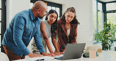 Buy stock photo Team, discussion and group with laptop, office and planning for ad campaign on web and productivity. Colleagues, talking and people with tech for digital marketing, collaboration and brand awareness
