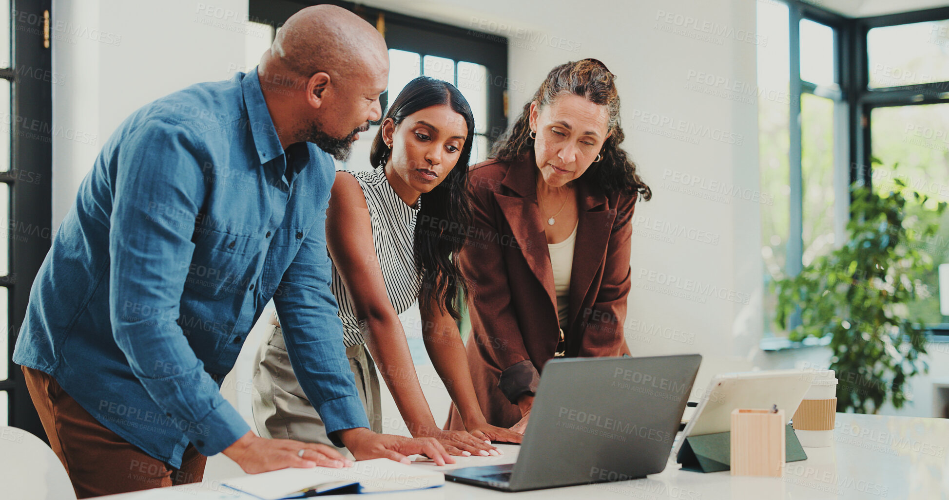 Buy stock photo Team, discussion and group with laptop, office and planning for ad campaign on web and productivity. Colleagues, talking and people with tech for digital marketing, collaboration and brand awareness