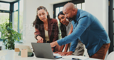 Buy stock photo Group, meeting and discussion with laptop, office and planning for campaign on web and productivity. Colleagues, talking and people with tech for digital marketing, collaboration and brand awareness