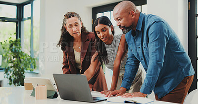 Buy stock photo Planning, project and team with laptop, office and productivity for ad campaign on web or discussion. Colleagues, talking and people with tech for digital marketing, collaboration and brand awareness