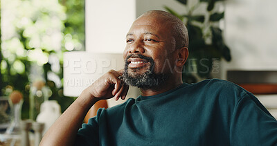 Buy stock photo Relax, smile and thinking with mature black man in home for nostalgia, vision or positive mindset. Reflection, daydreaming and happy person with peace, calm and thoughts in living room on weekend