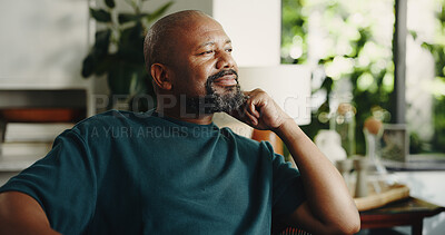 Buy stock photo Relax, smile and reflection with mature black man in home for nostalgia, vision or positive mindset. Thinking, daydreaming and happy person with peace, calm and thoughts in living room on weekend