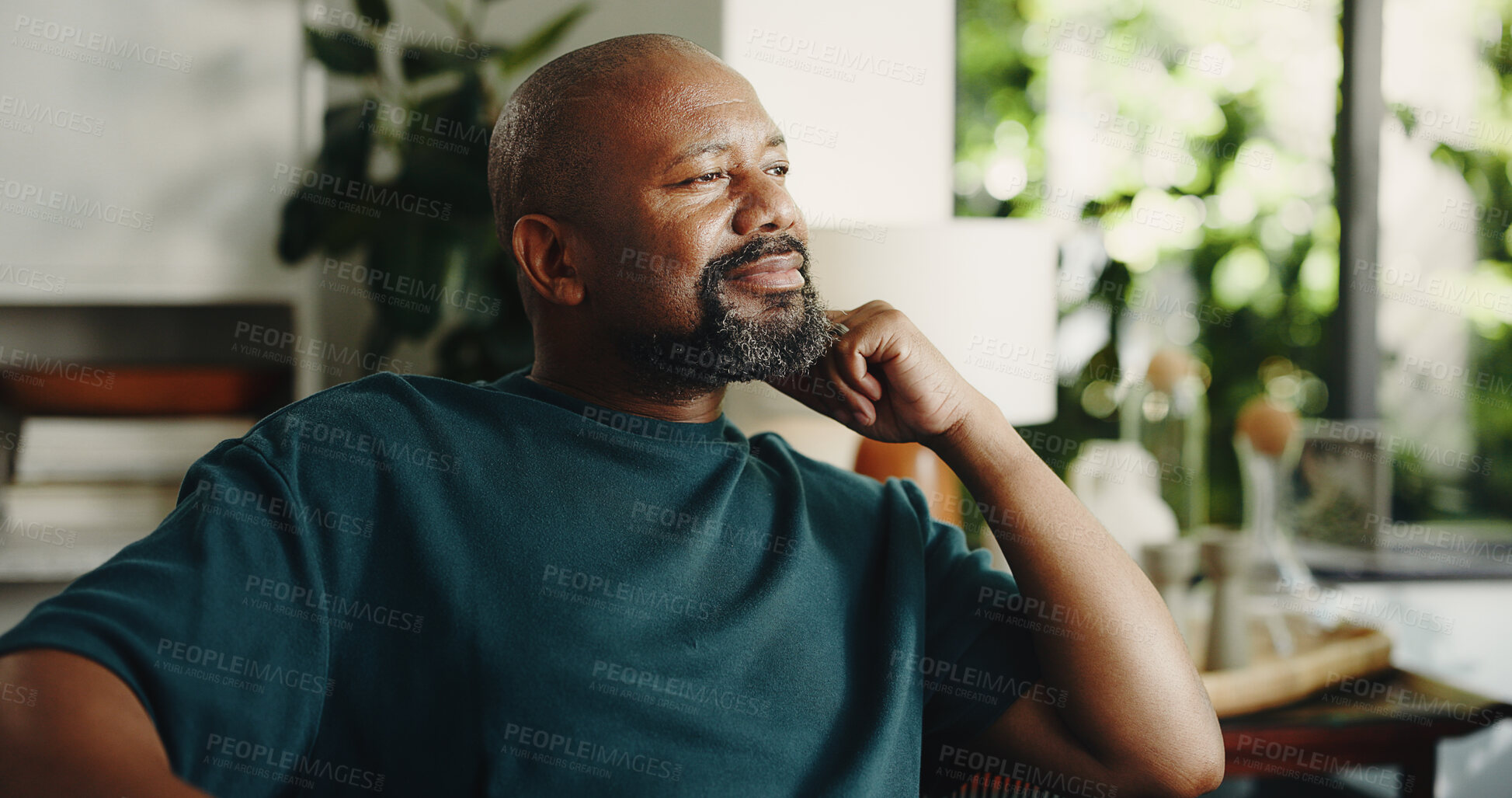 Buy stock photo Relax, smile and reflection with mature black man in home for nostalgia, vision or positive mindset. Thinking, daydreaming and happy person with peace, calm and thoughts in living room on weekend