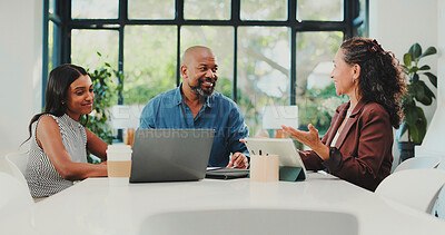 Buy stock photo Meeting, conversation and business people with laptop, finance report and schedule for proposal. Investor, group and employees with pc, discussion and teamwork with company review and profit increase