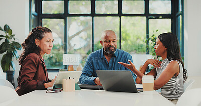 Buy stock photo Meeting, talking and business people with laptop, finance report and schedule for audit proposal. Investor, group and employees with pc, feedback and teamwork with company review and conversation