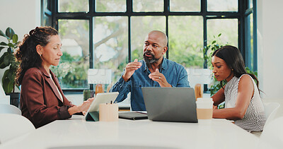 Buy stock photo Meeting, discussion and business people with laptop, finance report and schedule for proposal. Investor, economy analysis and employees with pc, planning and teamwork with profit increase and talking