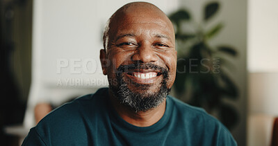Buy stock photo Smile, chill and portrait of black man in home for peace, confidence and retirement. Happiness, pride and weekend break with mature person in living room of apartment for calm, relax and resting