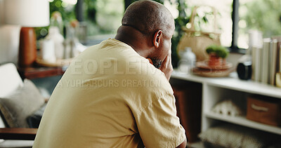 Buy stock photo Home, fear and back of black man with reflection, decision and sad with mental health. Mature person, living room and regret with nostalgia, memory and doubt with frustrated thinking in house