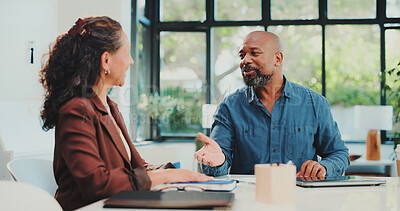 Buy stock photo Conversation, planning and business people in meeting, feedback for profit growth and talking. Investor, teamwork and employees in office, discussion and cooperation with company investment or review