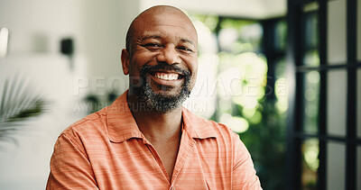 Buy stock photo Smile, relax and portrait of black man in home for peace, confidence and retirement. Happiness, pride and weekend break with mature person in living room of apartment for calm, chill and resting