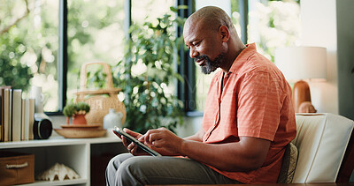 Buy stock photo Happy, home and mature black man on tablet for internet, subscription and website for contact. House, communication and person on digital tech for networking, online email and connection on sofa