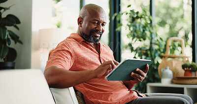 Buy stock photo Happy, sofa and mature black man on tablet for internet, subscription and website for contact. House, communication and person on digital tech for networking, online email and connection in home