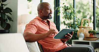Buy stock photo Thinking, home and black man with tablet on sofa for internet, subscription and website for contact. House, thoughtful and mature person on digital tech for networking, online email and connection