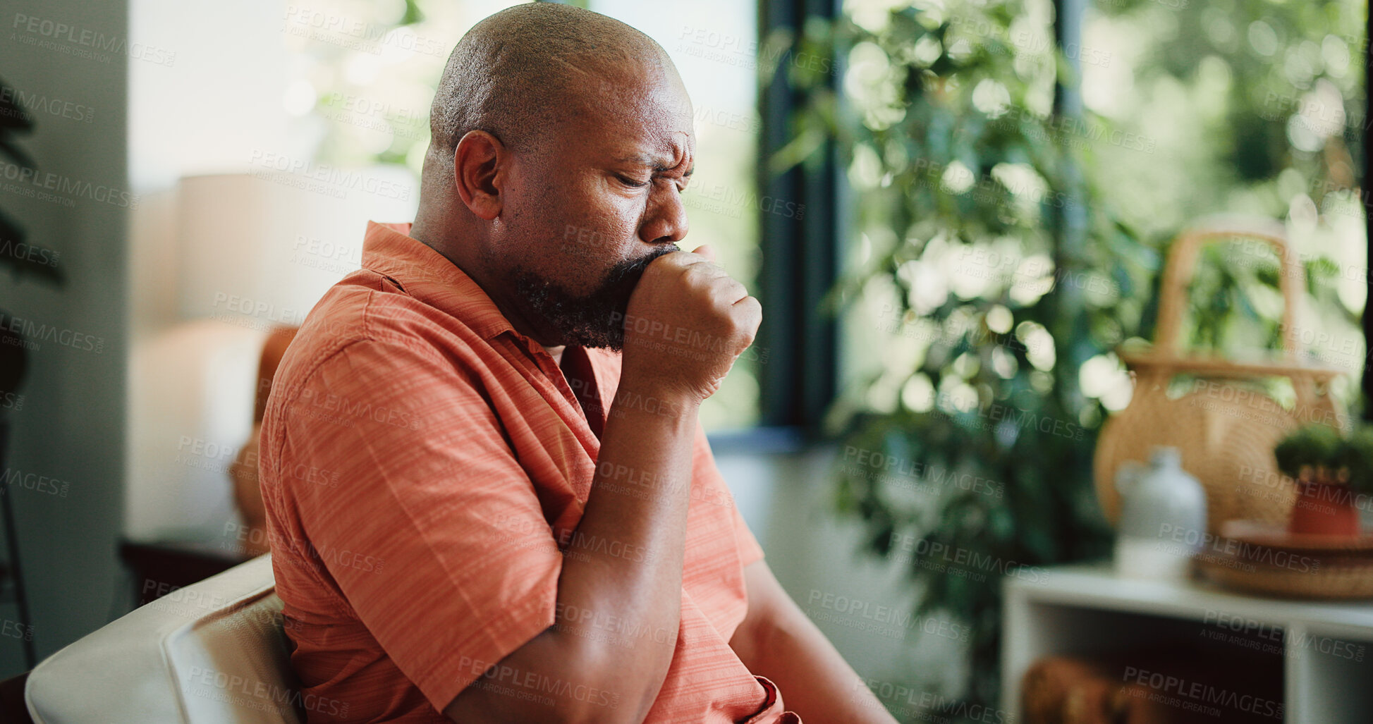 Buy stock photo Sick, cough and mature black man in home with chest pain, infection or breathing issue from lung virus. Influenza, choking and person in house with tuberculosis, asthma or illness in allergy season