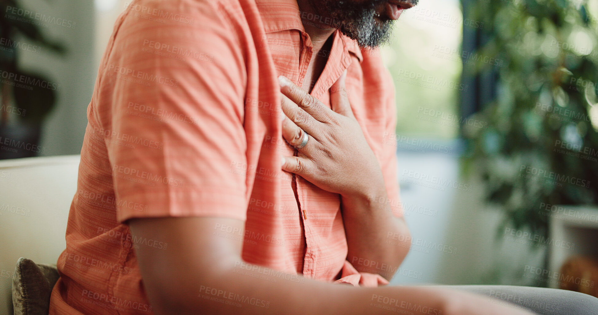 Buy stock photo Sick, chest pain and mature man in home with cough, infection or breathing issue from lung virus. Influenza, choking and person in house with tuberculosis, asthma or illness in allergy season