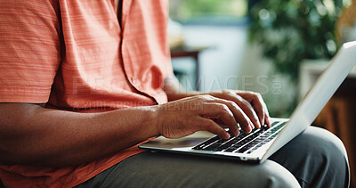 Buy stock photo Remote work, typing or hands in house with laptop, insight or edit of news article. Journalist, freelancer and male person in home with technology, proofreading and fact check for digital publication