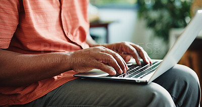 Buy stock photo Remote work, typing or hands in home with laptop, insight or edit of news article. Journalist, freelancer and person in house with technology, proofreading and fact check for digital publication.