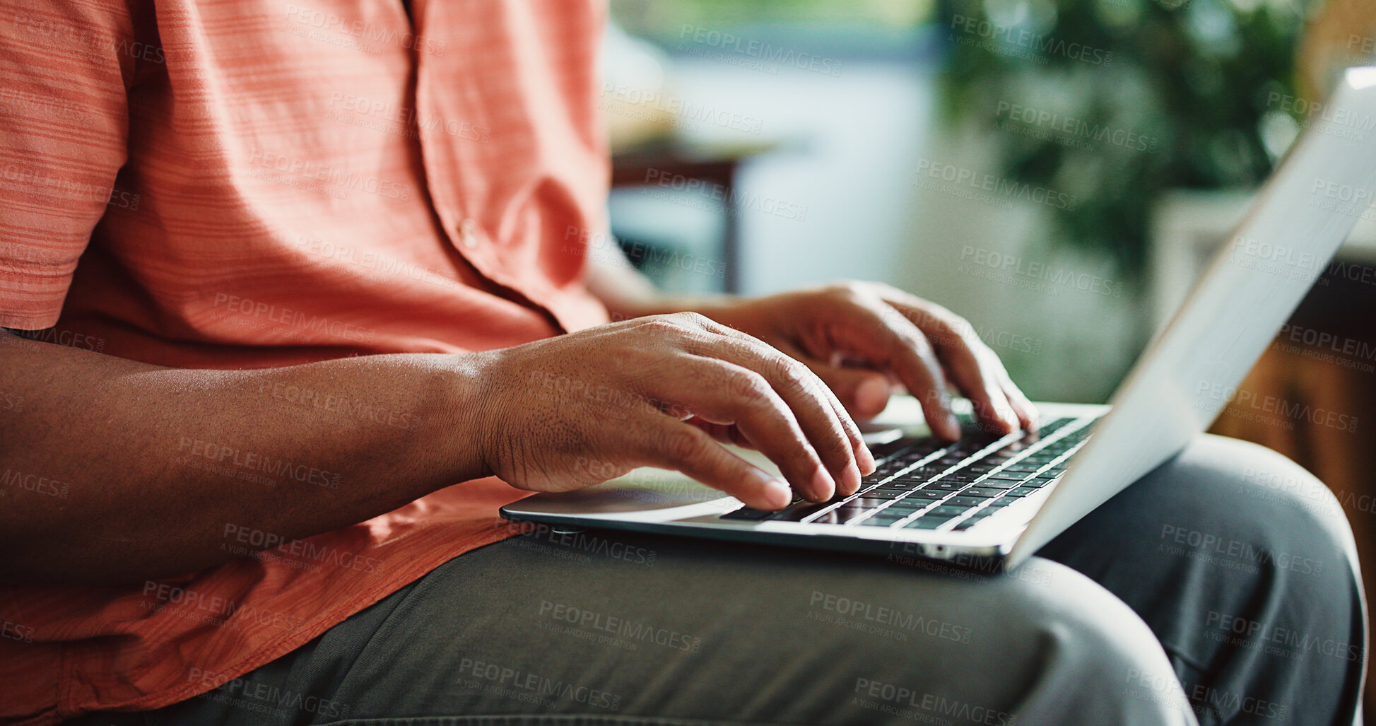Buy stock photo Remote work, typing or hands in home with laptop, insight or edit of news article. Journalist, freelancer and person in house with technology, proofreading and fact check for digital publication.