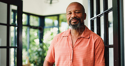 Buy stock photo Chill, relax and portrait of black man in home for peace, confidence and retirement. Happiness, pride and weekend break with mature person in living room of apartment for calm, morning and resting