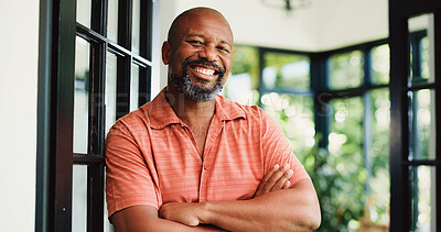 Buy stock photo Smile, arms crossed and portrait of black man in home for peace, confidence and retirement. Happiness, pride and weekend break with mature person in living room of apartment for calm, chill and rest