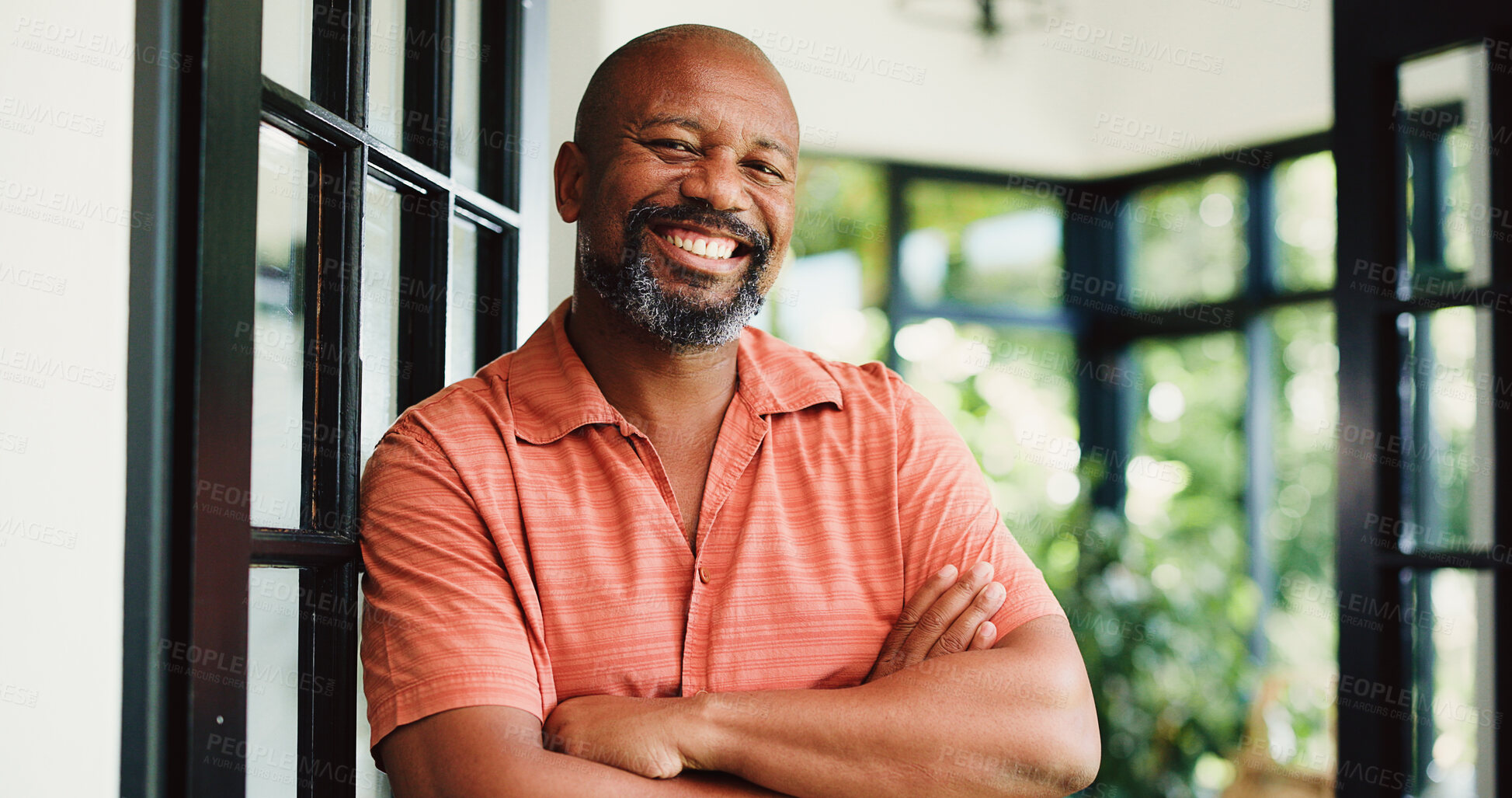 Buy stock photo Smile, arms crossed and portrait of black man in home for peace, confidence and retirement. Happiness, pride and weekend break with mature person in living room of apartment for calm, chill and rest