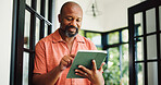 Online, home and mature black man on tablet for internet, subscription and website for contact. House, communication and person typing on digital tech for networking, email and connection for news