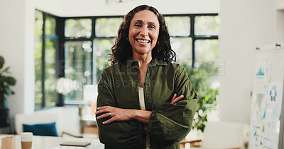 Buy stock photo Business woman, portrait and confidence in home office for research, remote work and about us. Mature virtual assistant, freelancer and arms crossed for project management, pride or admin support