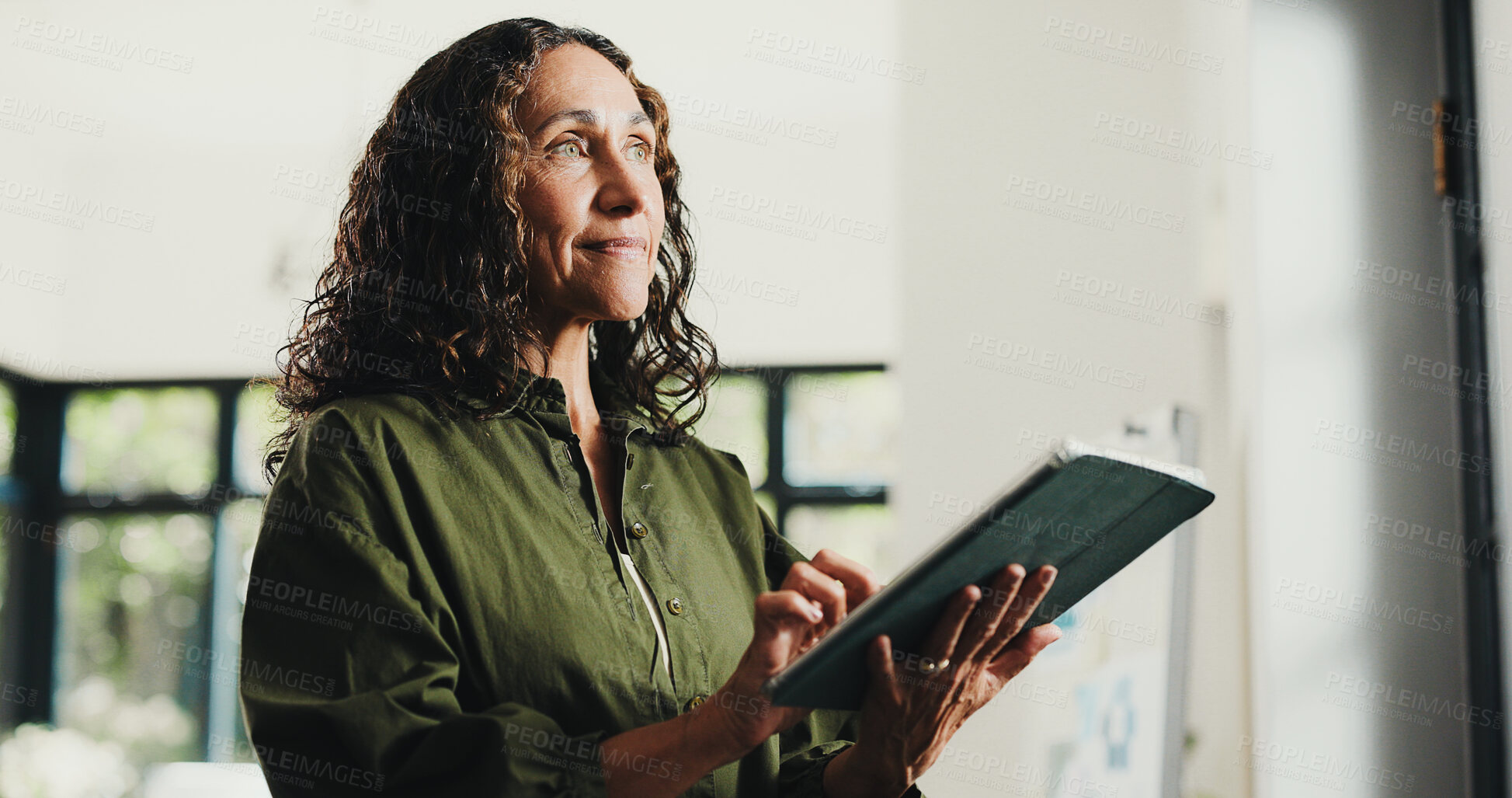 Buy stock photo Business woman, thinking and tablet in home office for research, remote work and ideas. Mature virtual assistant, freelancer and tech for project management, creative agency or administration support