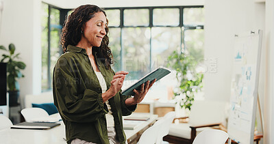 Buy stock photo Tablet, reading and smile with business woman in office for planning, editor feedback and article review. Online journalist report, story fact check and digital blog with mature person at agency