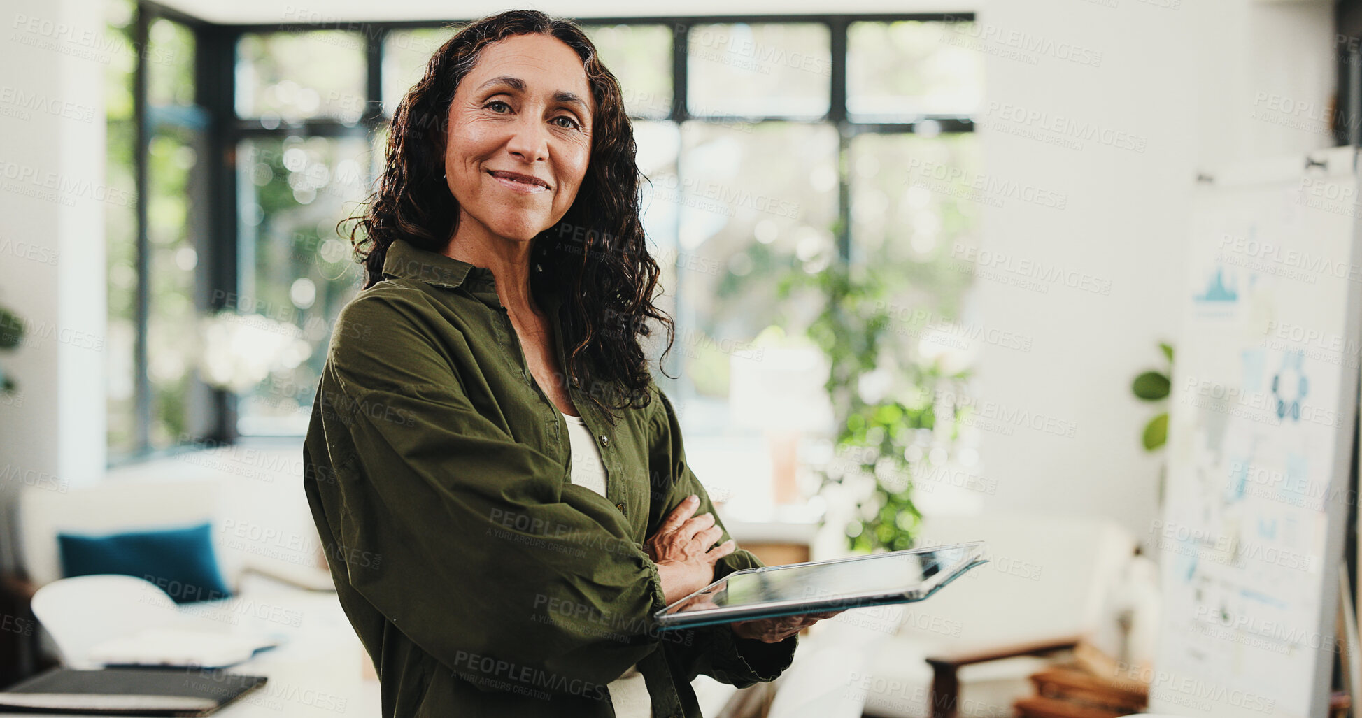 Buy stock photo Business woman, portrait and tablet in home office for research, remote work and about us. Mature virtual assistant, freelancer and creative agency for project management, pride or admin support