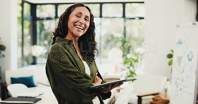 Buy stock photo Mature woman, portrait and tablet in home office for research, remote work and about us. Virtual assistant, freelancer and creative agency for project management, pride or administration support