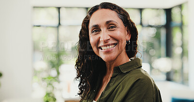 Buy stock photo Portrait, freelance or woman with smile in home, marketing career or confident for brand copywriting. Creative, professional and mature writer with pride for advertising, remote work and opportunity